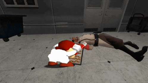 a cartoon character is laying on the floor next to a man laying on the floor