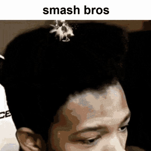 a close up of a man 's head with the words smash bros written above it