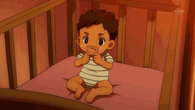 a baby is crying in a crib with a tv channel displayed in the background
