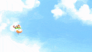 a cartoon character is flying through the air with a blue sky behind him