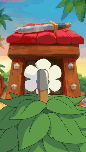 a cartoon illustration of a house with a flower and a sword on top