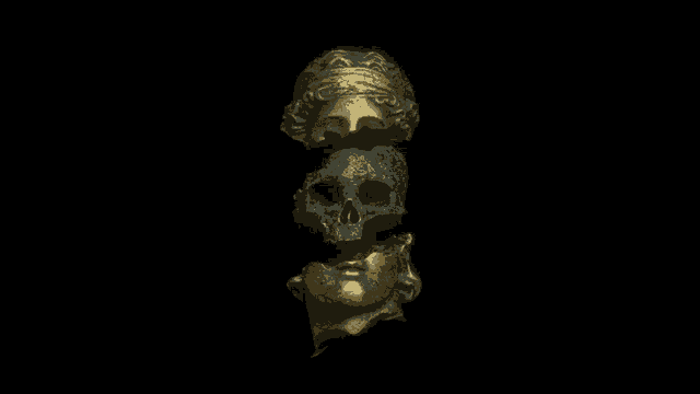 a statue of a woman with a skull and a statue of a man with a skull