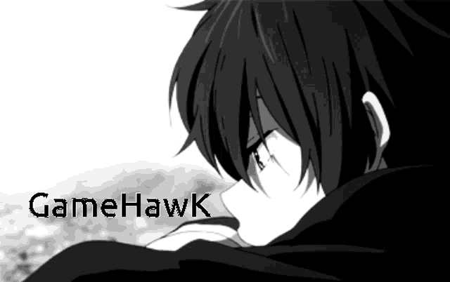 a black and white image of a boy with the words gamehawk written below him
