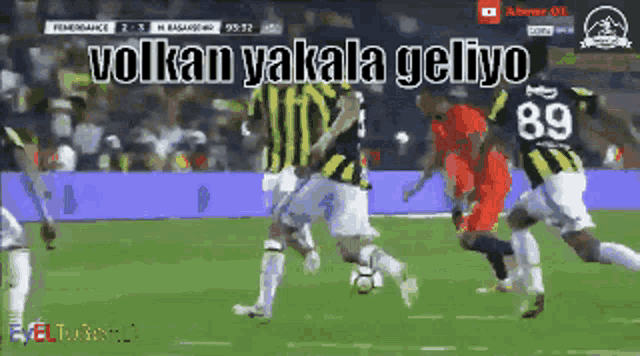 a soccer player with the number 89 on his jersey runs towards the ball