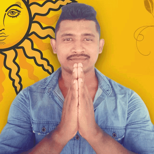 a man with his hands folded in front of a drawing of the sun