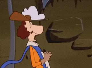 a cartoon character wearing a cowboy hat pointing at something