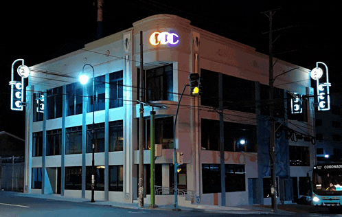a building with a ccc sign on the side of it