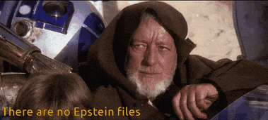 a man with a beard says there are no epstein files in front of a r2d2 robot