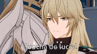 a cartoon character with long blonde hair and the words luocha de luciel