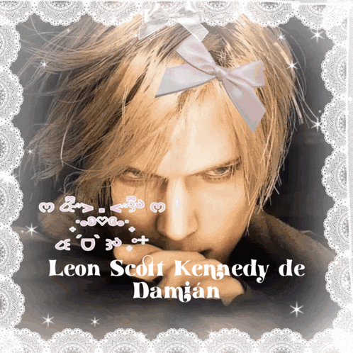 a picture of leon scott kennedy de damian with a white bow in his hair