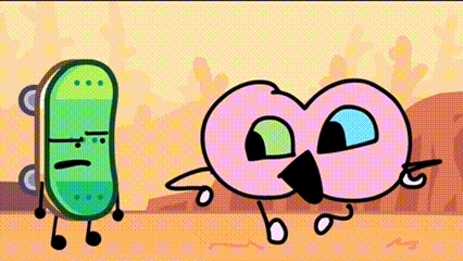 a green skateboard is standing next to a pink donut .