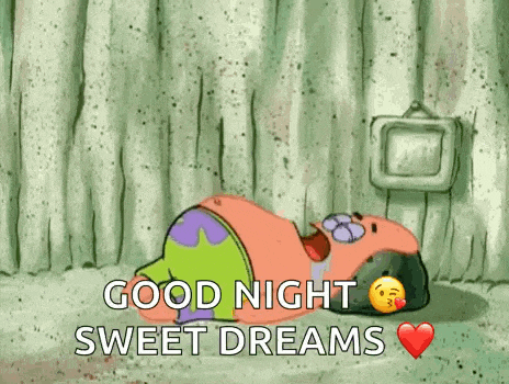 patrick star from spongebob squarepants is laying on the floor with a heart in his mouth .