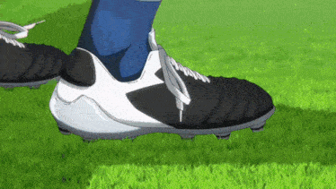 a person wearing a pair of black and white soccer cleats on a soccer field