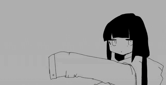 a black and white drawing of a girl with long black hair .