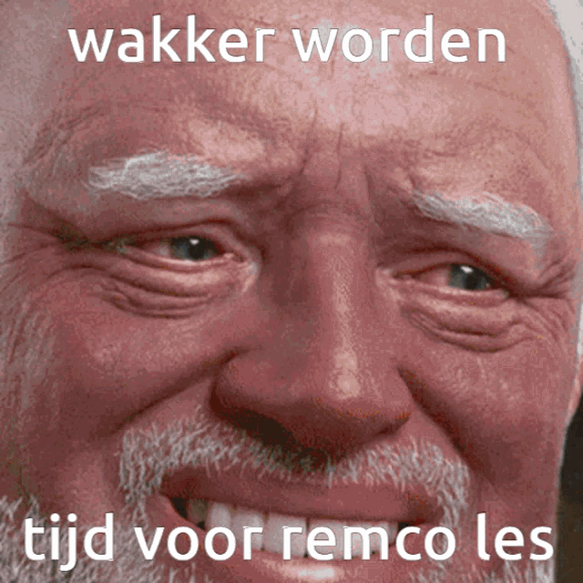 a close up of a man 's face with a caption that reads wakker worden