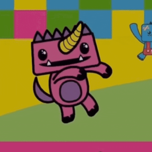 a pink monster with a horn on its head stands next to a blue monster