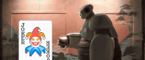 a robot stands next to a joker card