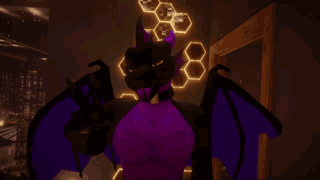 a dragon with purple wings and horns stands in front of a honeycomb wall