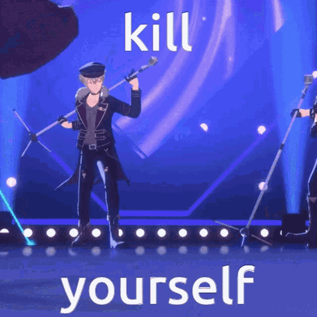 a man holding a sword on a stage with the words kill yourself