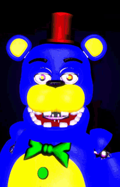 a blue and yellow teddy bear with a red top hat and bow tie