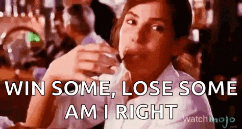 a woman is sitting at a table with a spoon in her mouth and the words win some lose some am i right .