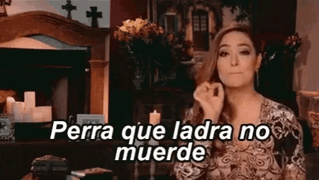 a woman sitting in front of a fireplace with the words perra que ladra no muerde written above her