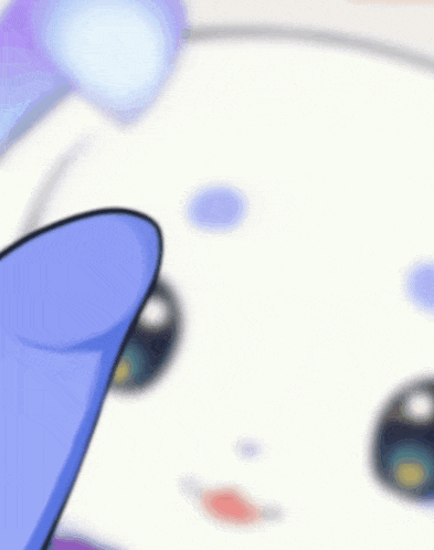 a close up of a cartoon character 's face with a purple hat and blue eyes .