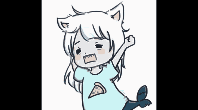 a drawing of a girl with a pizza on her shirt