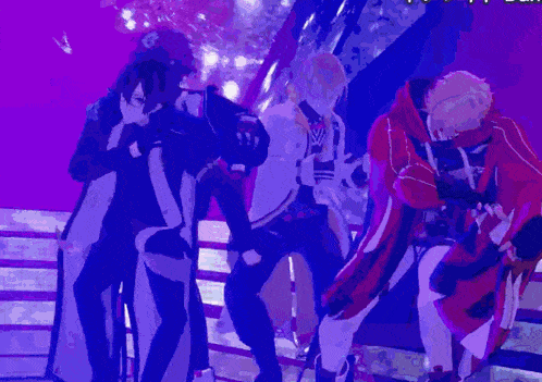 a group of anime characters are dancing on a stage with purple lights behind them