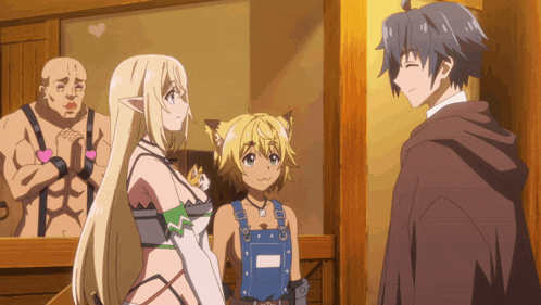 a group of anime characters are standing next to each other and one of them has a cat ear