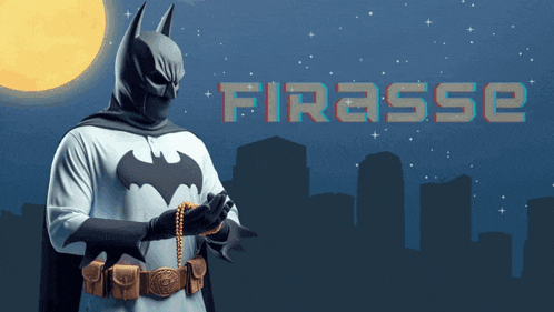 a man in a batman costume is holding a necklace in front of a city skyline and the word firasse