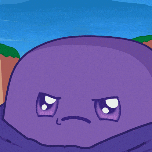 a cartoon drawing of a purple monster with the letter t on its face