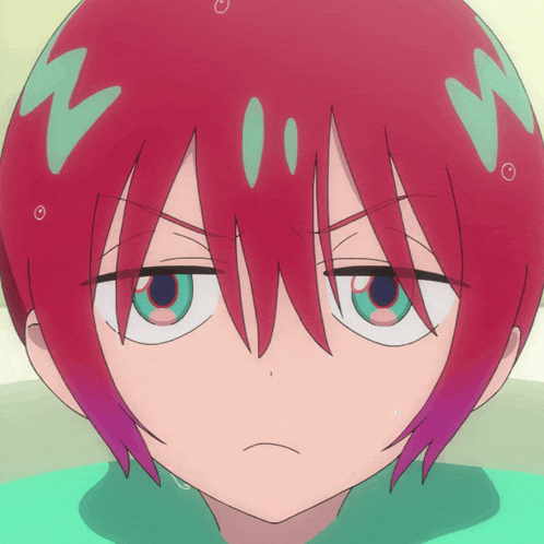 a cartoon character with red hair and green eyes