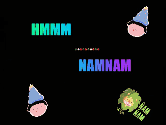 a black background with the words nam nam nam and a red apple