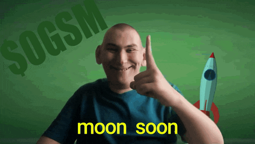 a man giving a thumbs up in front of a green background with the words moon soon