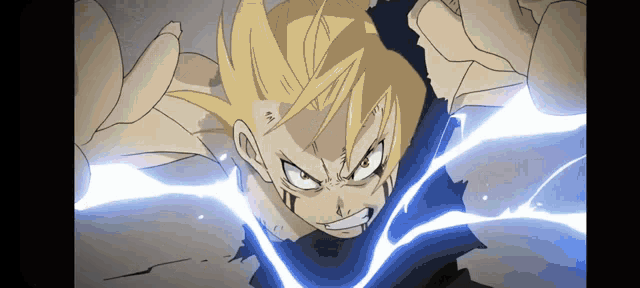a cartoon character with yellow hair and blue lightning coming out of his mouth