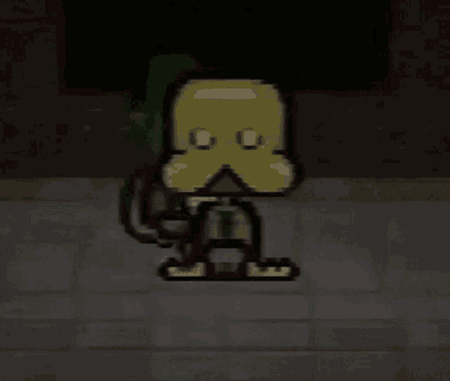 a pixel art drawing of a duck sitting on a table .