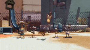 a group of cartoon characters are standing in front of a fence
