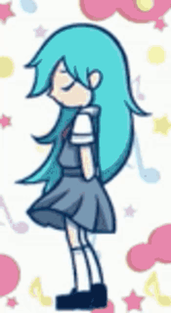 a cartoon girl with long blue hair is wearing a school uniform and standing in front of music notes .