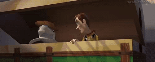 woody and buzz lightyear from toy story are talking to each other in a room .