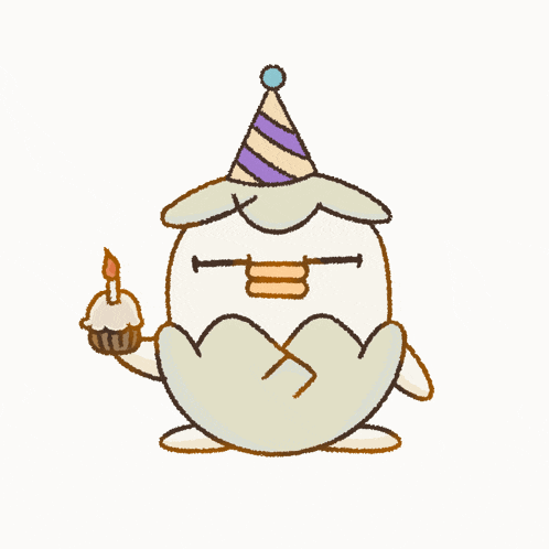 a drawing of a bird wearing a party hat holding a cupcake