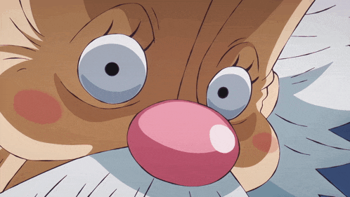 a close up of a cartoon character with a big pink nose