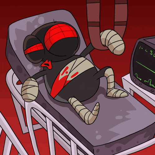 a cartoon of a stuffed animal laying in a hospital bed with a monitor that says i < sl on it