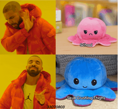 a stuffed octopus with skull crushing thighs and school on it