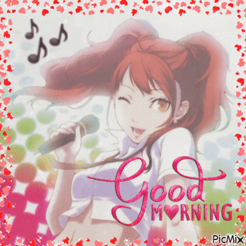 a picture of a girl singing into a microphone with the words good morning written below her
