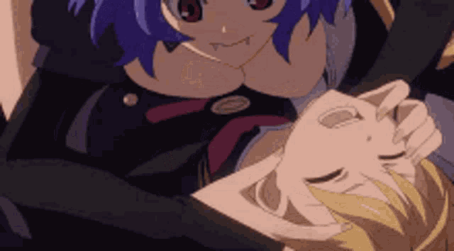 a woman with purple hair is holding a man 's head
