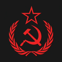 a red hammer and sickle with a star and laurel wreath on a black background .