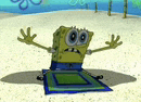 a spongebob squarepants character is sitting on a towel on the beach .