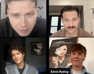 a group of four men are having a video call with each other .