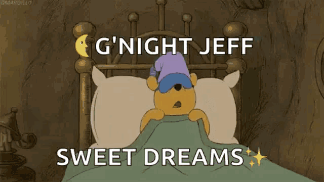a cartoon of winnie the pooh laying in bed with the words `` g ' night jeff sweet dreams ''